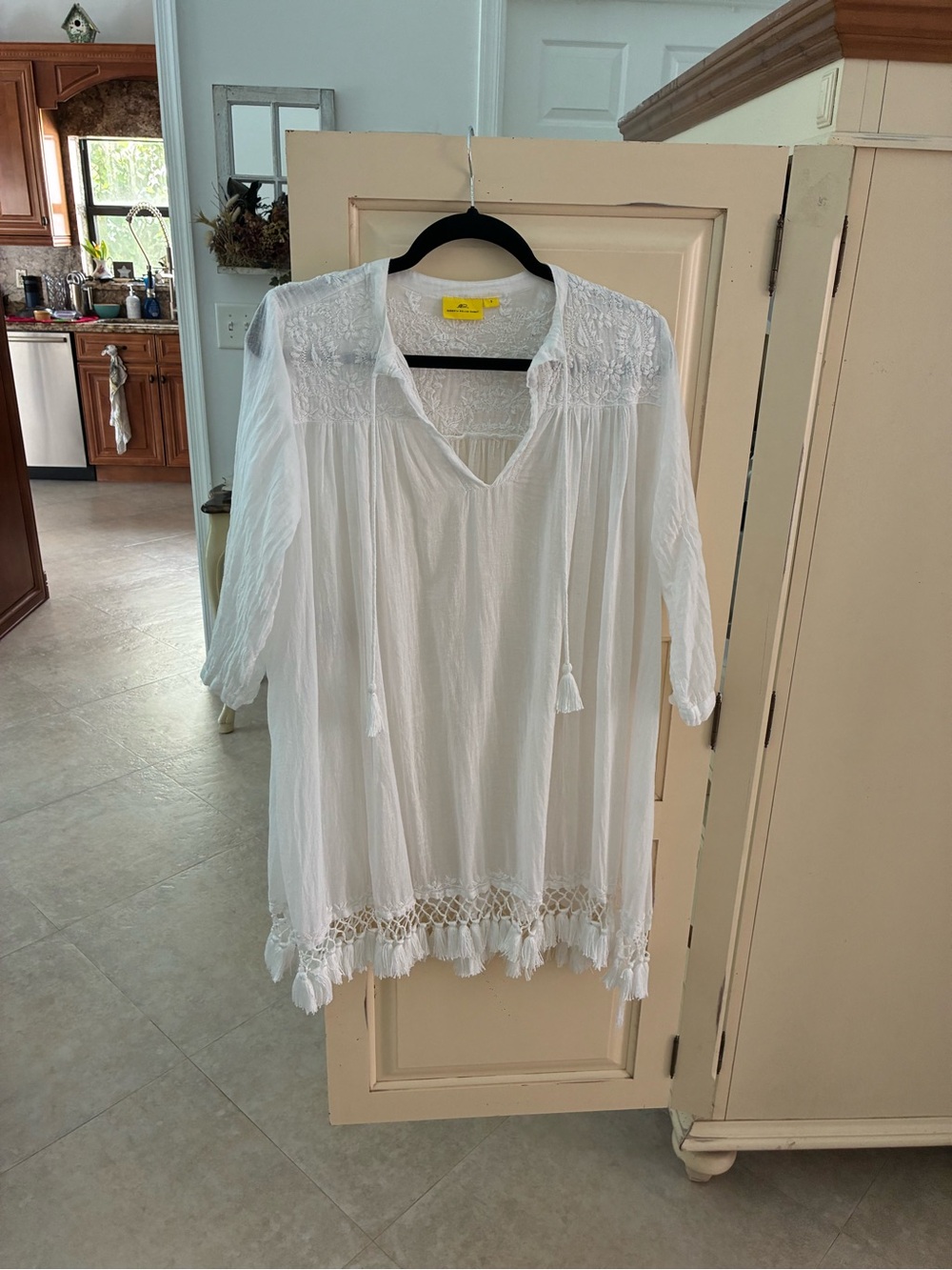 Roberta Roller Rabbit White Embroidered Oversized Peasant TunicTop With Tassels